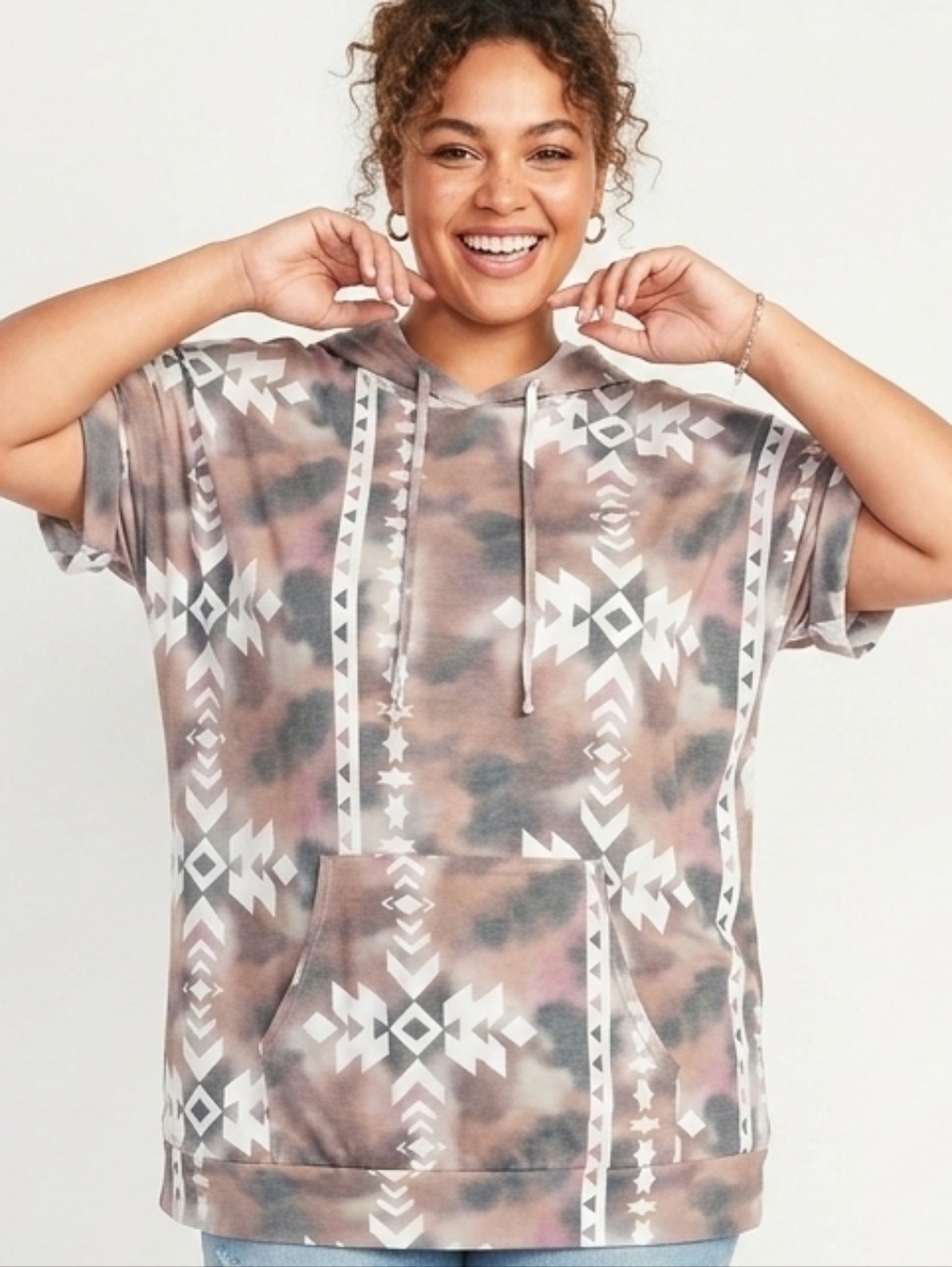 Casual Hooded Short-Sleeve Top with Aztec Print - Taupe Multi